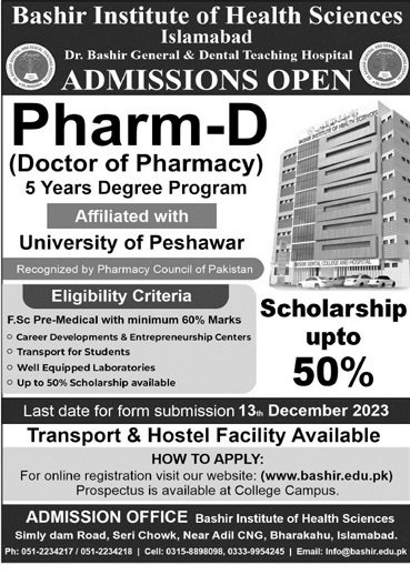 Admissions Open in Bashir Institute of Health Sciences 2023