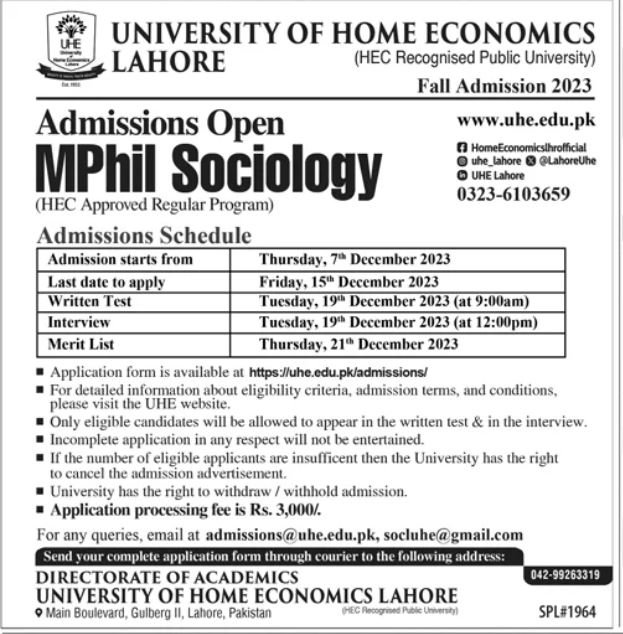 Admissions Open in Univesity of Home Economics Lahore 2023