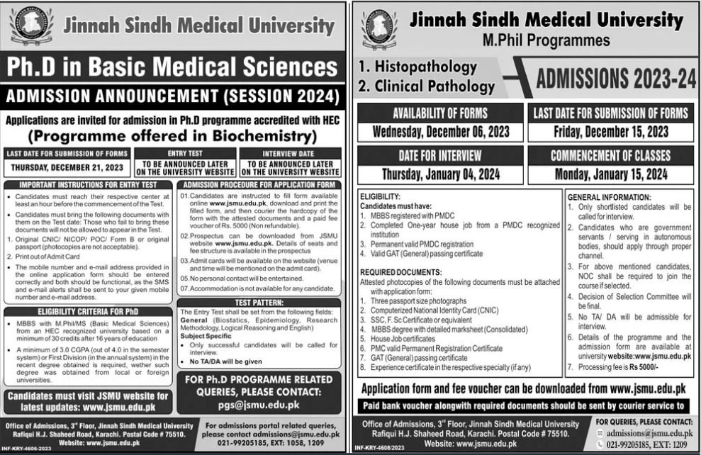 Admissions Open in Jinnah Sindh Medical University karachi 