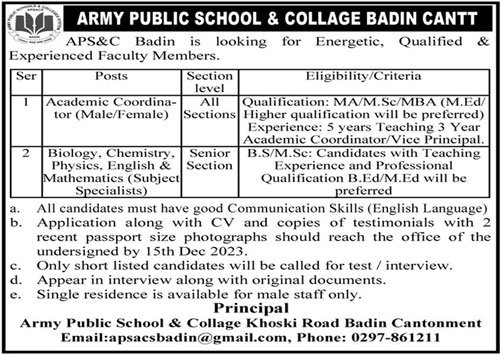 Army Public School & College APS&C Badin Jobs 2023