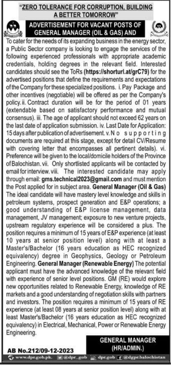 General Manager Required for Oil and Gas Balochistan 2023