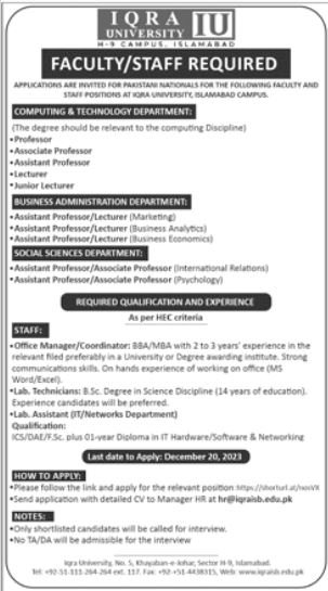 Iqra University Islamabad Islamabad Jobs 2023