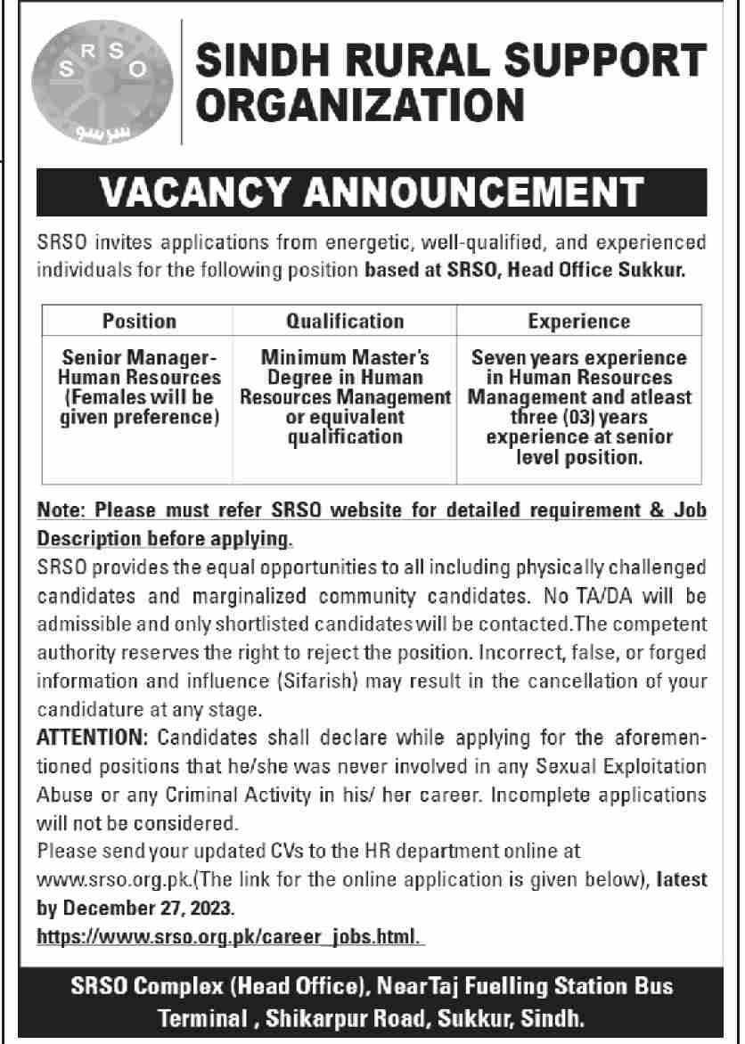 Sindh Rural Support Organization Sukkur Sindh Jobs 2023 