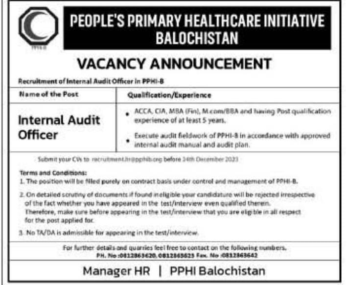 People's Primary Health Care Initiative Balochistan Job 2023