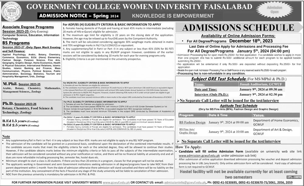 Admissions Open in Government Women University Faislabad 