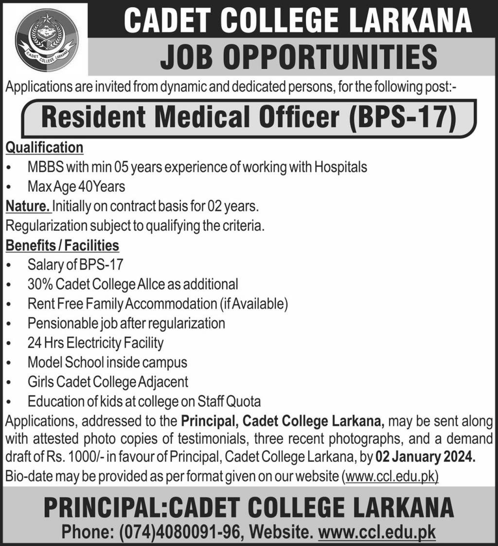 Cadet College Larkana Sindh Jobs 2024