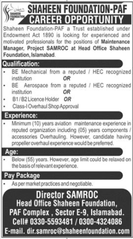 Shaheen Foundation PAF Islamabad Jobs 2024