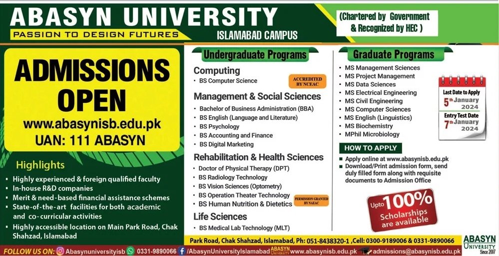Admissions Open in Abasyn Univeristy Islamabad Campus 