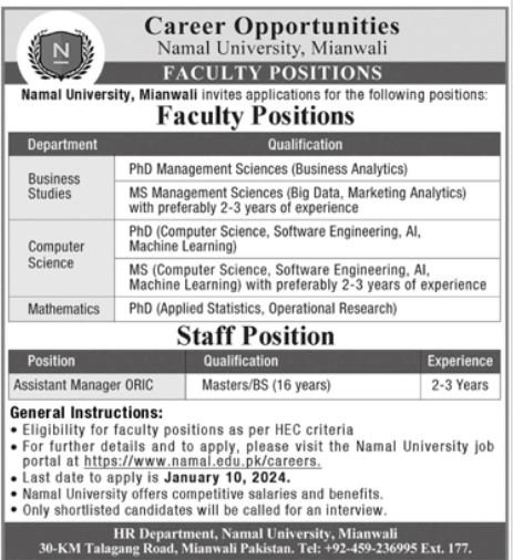 Namal University Mianwali Punjab Jobs 2024