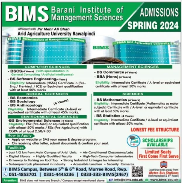 Admissions Open in Barani Institute of Management Science 