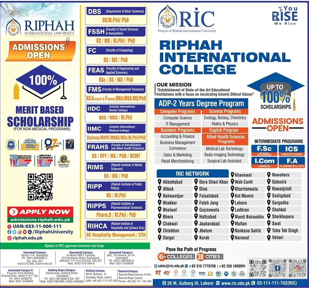 Admissions open Riphah International University 