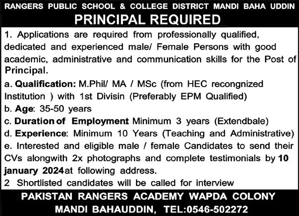 Ranger Public School & College District Mandi Bahauddin Jobs