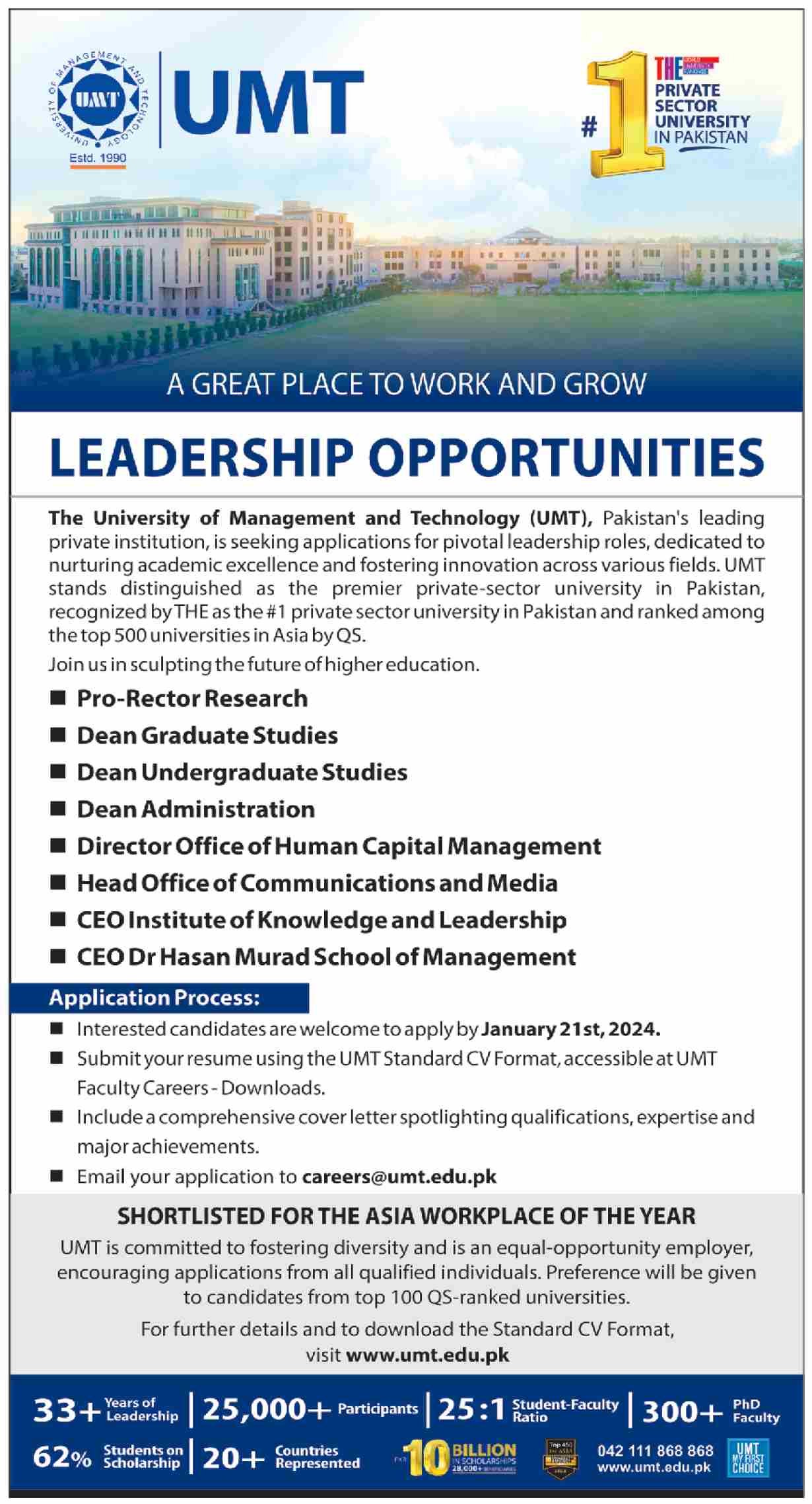 University of Management and Technology Lahore Jobs 2024
