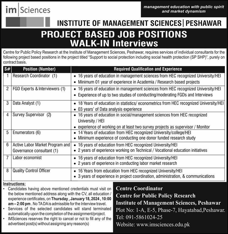 Interviews For Jobs At Institute Of Management Sciences 2024