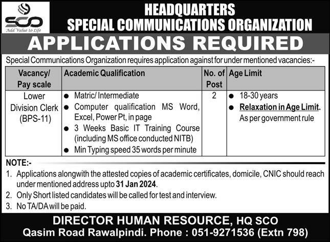 Special Communications Organization SCO Rawalpindi Jobs 2024