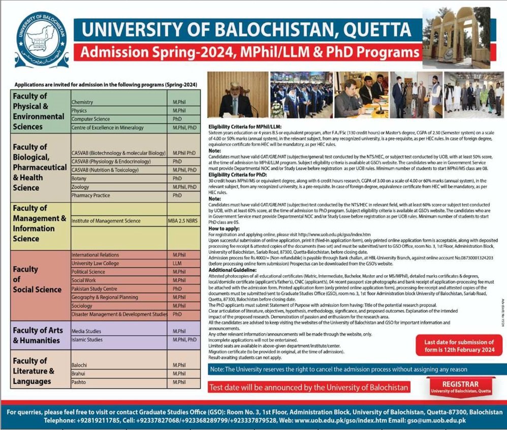 Admissions Open in University of Balochistan Quetta 2024