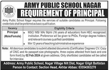 Army Public School APS Nagar Valley Jobs 2024