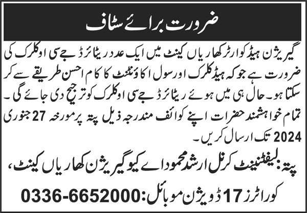Garrison Headquarter Kharian Punjab Jobs 2024