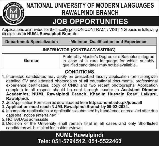 National University Of Modern Language NUML Rawalpindi Jobs 