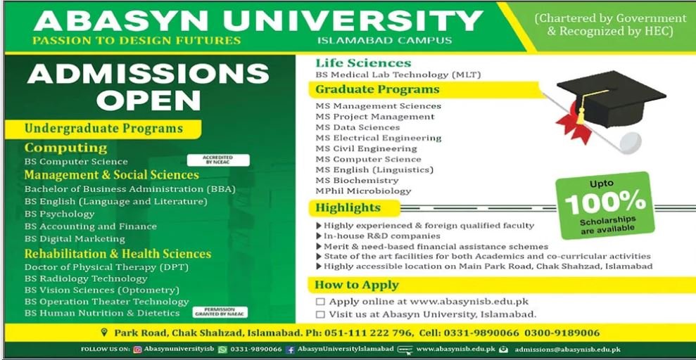 Admissions open in Abasyn University Islamabad 2024