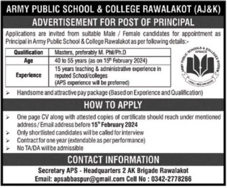 Army Public School & College APS&C Rawalakot Jobs 2024 
