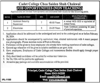 Cadet College Choa Saiden Shah Chakwal Punjab Jobs 2024