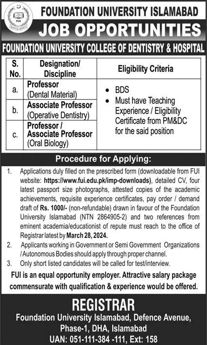 Foundation Univeristy Islamabad Jobs 2024